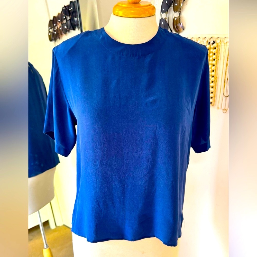 VINTAGE••100% Silk Navy Blue Blouse••small